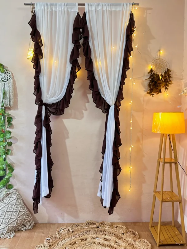 Brown White Amazing Shade Side Frill Curtain