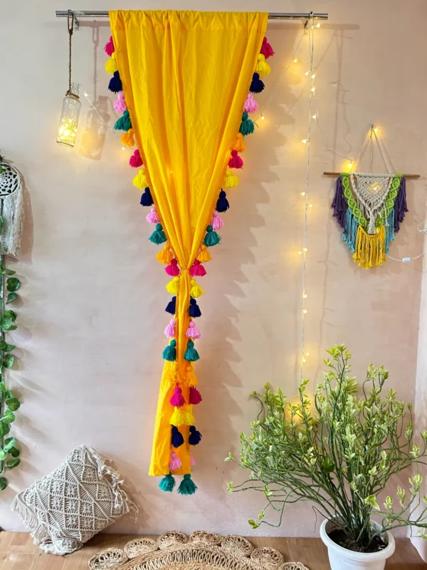 Yellow multicolor tassels curtain