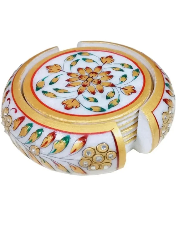 Handcrafted Marble Coaster Set with semi-Precious Stone (6 Coasters and 1 Holder, 4 inch)