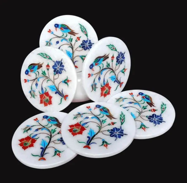Handcrafted Marble Coaster Set with semi-Precious Stone Inlay Work (6 Coasters and 1 Holder, 4 inch)-2