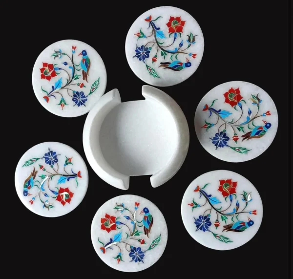 Handcrafted Marble Coaster Set with semi-Precious Stone Inlay (6 Coasters and 1 Holder, 4 inch)-1