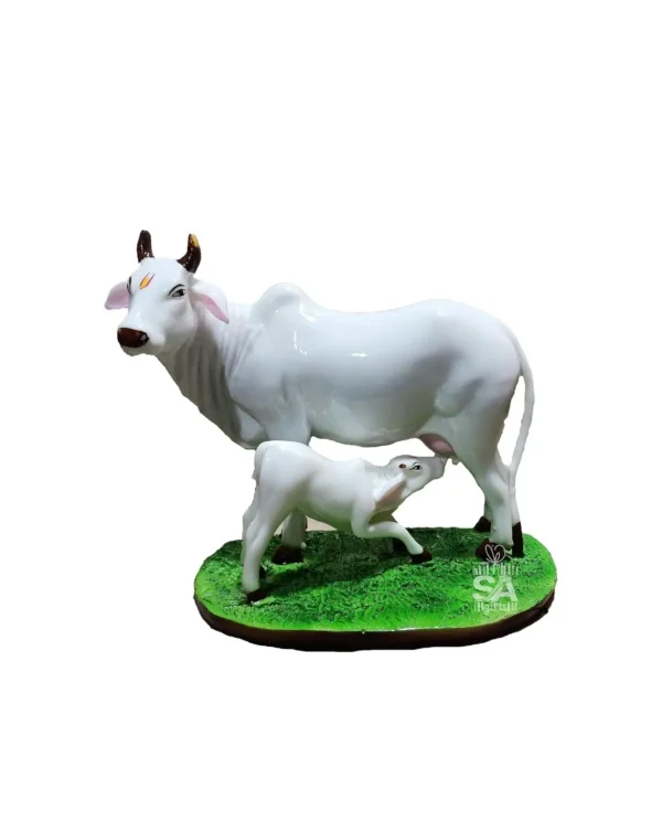 Handicraft Decorative Polystone Cow and Calf Big Statue Gift Home Decor 7 inch (Marble Cow), White