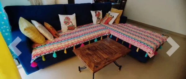 L shape multicolored sofa cover with tassels