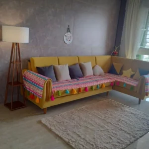 L shape sofa covers with multicolored hand rest cover with Tassels 4 pcs set