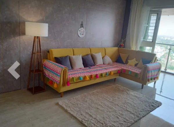 L shape sofa covers with multicolored hand rest cover with Tassels 4 pcs set