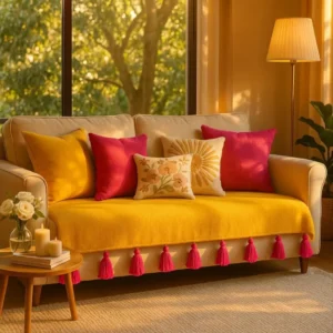 Three-seater-yellow-with-pink-tassels-sofa-cover