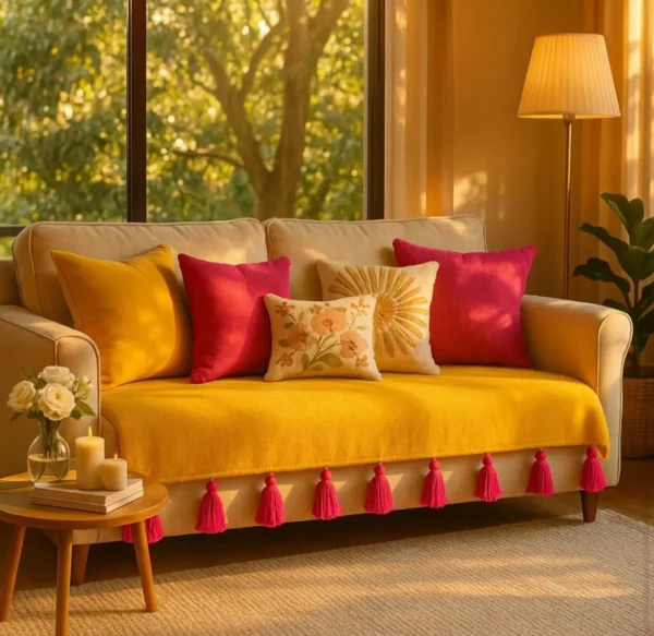 Three-seater-yellow-with-pink-tassels-sofa-cover