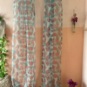 Blue Floral Organza Curtain ( 2 Pcs Set)