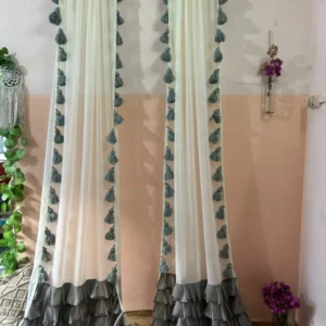Grey Bottom Ruffle Side Tassels Curtain